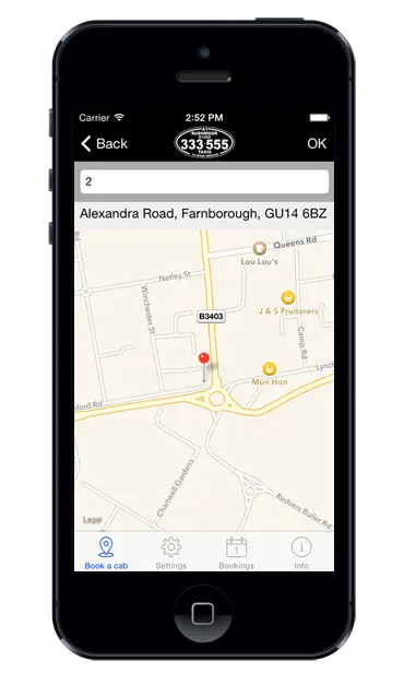 Rushmoor Taxis iPhone Mock of Smartphone App